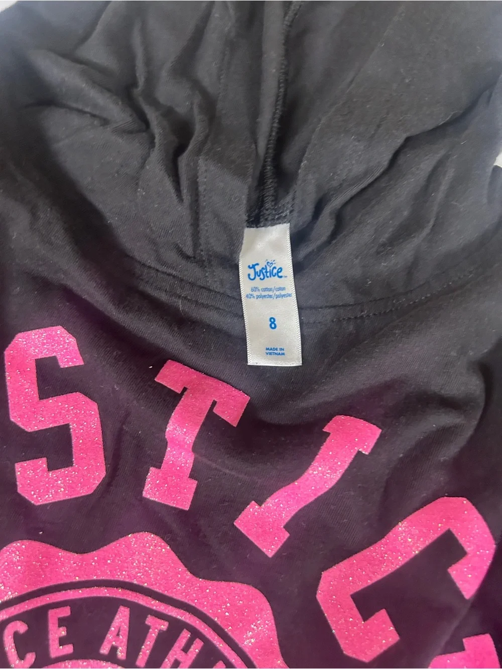 Justice Black Hoodie with Bright Pink Logo